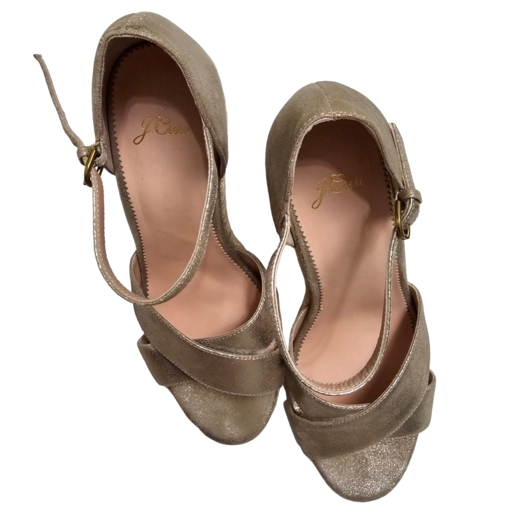 J. Crew Gold Pewter Jute Wedge Metallic Leather Sandals Strappy Shoes Size 10 - Picture 3 of 11